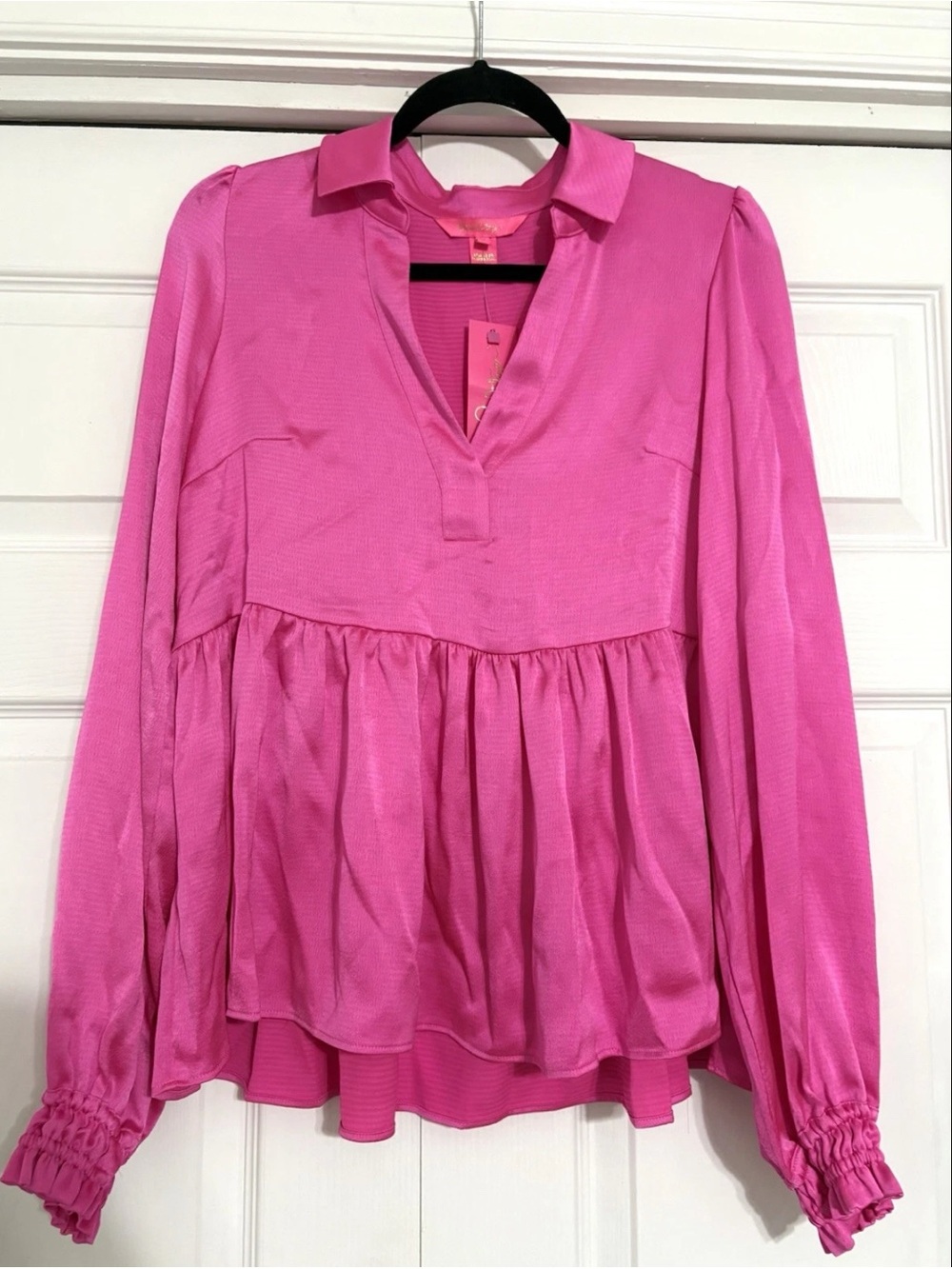 Lilly Pulitzer Jaylene Long Sleeve Top Cerise Pink Size 4 Collar